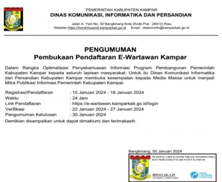 Diskominfo Kampar Buka E-Wartawan Untuk Tahun 2024. Berikut Linknya !!