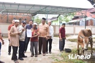 Bupati Rohil, menyerahkan satu ekor sapi qurban kepada Pengurus Mushalla Al-Muslimin di Kepenghuluan Sinaboi