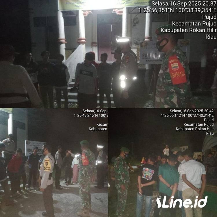 Personil Koramil 0321-06/TM Rohil Bersama Personil Polsek Pujud Gelar Patroli Malam, Cegah Aksi Premanisme