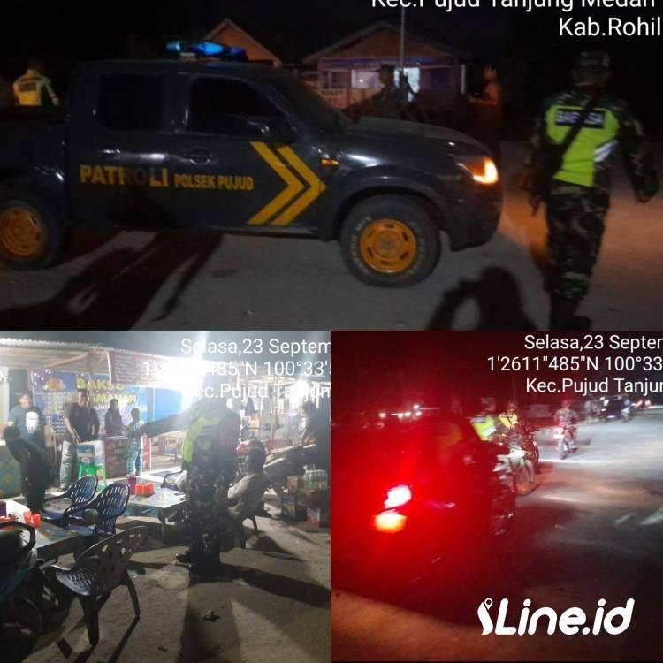 Laksanakan Patroli Siskamling, Personil Koramil 0321-06/TM Bersama Personil Polsek Pujud Datangi Tempat Keramaian