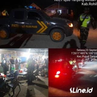 Laksanakan Patroli Siskamling, Personil Koramil 0321-06/TM Bersama Personil Polsek Pujud Datangi Tempat Keramaian