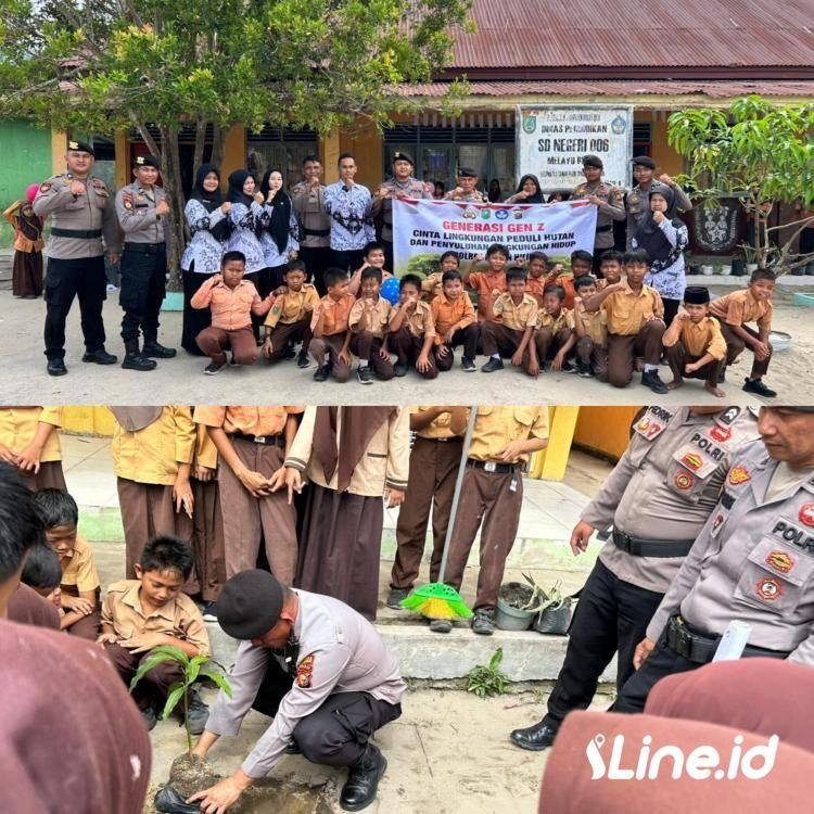 Silaturahmi Di SD N 006 Melayu Besar, Sat Samapta Polres Rohil Ajak Siswa Siswi Menanam Pohon Dilingkungan Sekolah